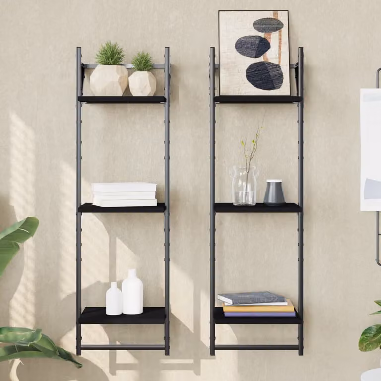 Set di 2 mensole a muro vidaXL con aste a 3 livelli in metallo e legno, colore nero, H 100 x L 30 x P 25 cm