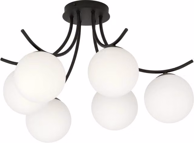 Plafoniera Moderna 6 Luci Polus Acciaio Nero E Diffusori In Vetro Opale