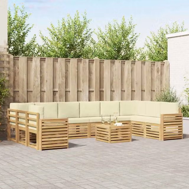 Set di divani da esterno vidaXL in legno di acacia con cuscini bianchi e beige per giardino e terrazza – 1