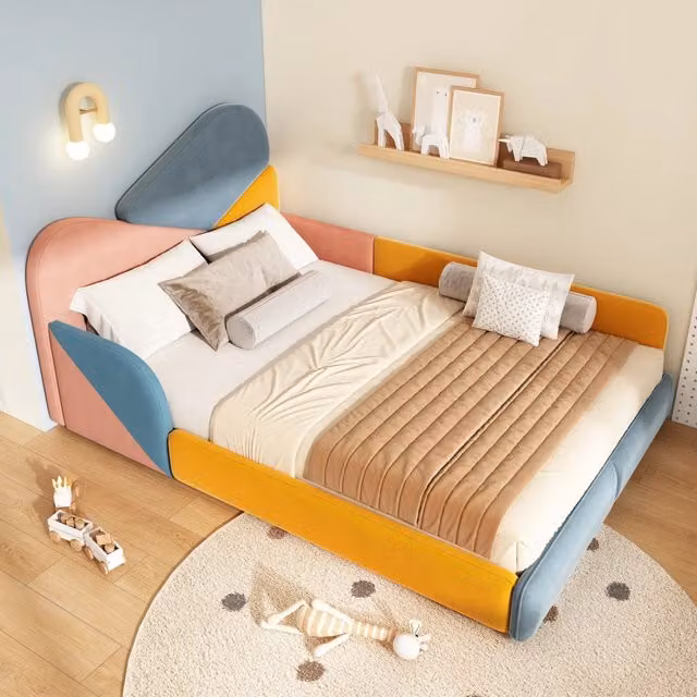 Letto per bambini imbottito 140x200 cm con sponde laterali rialzate; velluto multicolore