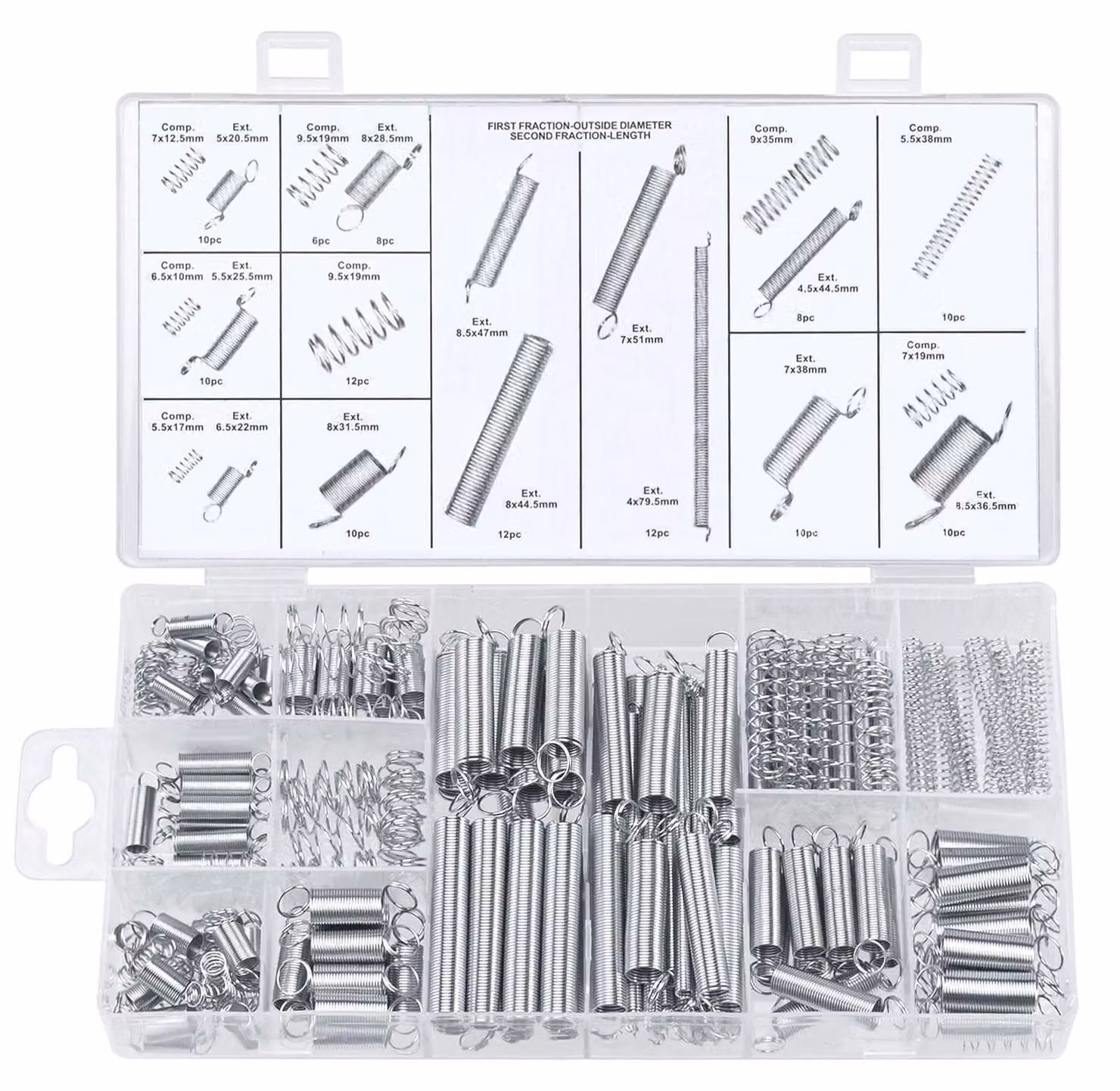 Set di molle assortite Feder-Sortiment, 200 pezzi – molle a trazione, a compressione e a torsione, in acciaio inossidabile