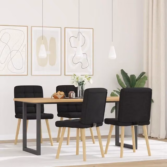 Set di 4 sedie da pranzo vidaXL in tessuto nero con struttura in legno di gomma e metallo per cucina e soggiorno – 1