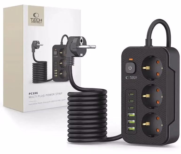 Tech-Protect Pc3X6 Striscia di alimentazione 3 Usb & 3 Tipo-C & 3 Prese 200Cm Nero