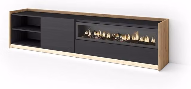 Mobile TV Soggiorno, 207x50x37 cm, Per TV fino a 80", Camino elettrico, LED, Nero e rovere
