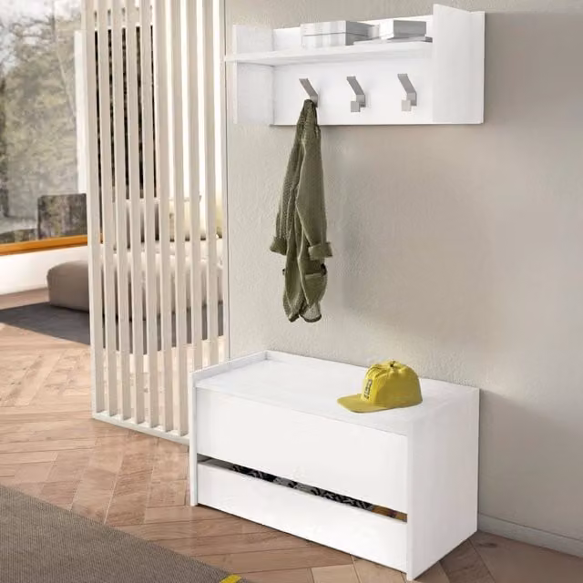 Mobile da ingresso Actinolite, Entratina moderna con appendiabiti, Mobile con scarpiera, Armadietto multifunzione, Cm 50x32h182, Bianco