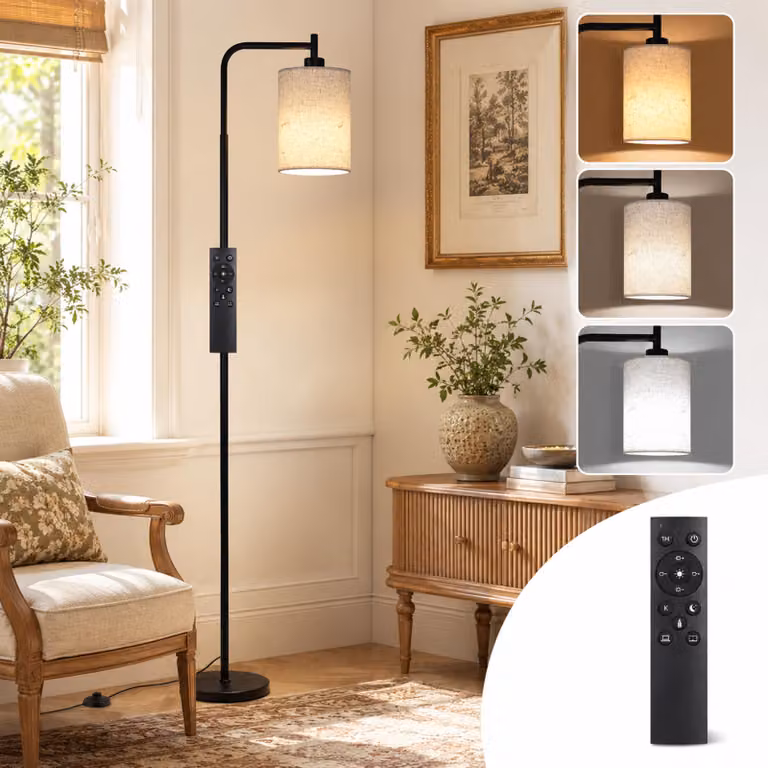 Lampada da terra LED nera, con telecomando, temperatura di colore regolabile da 3000 a 6500K, dimmerabile dal 20% al 100%, lampada da lettura da 12W con paralume, lampada angolare moderna per soggiorno/camera da letto/ufficio