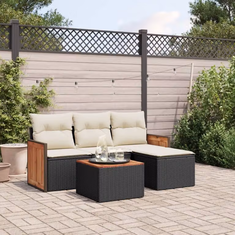 vidaXL Set Divani da Giardino a L 5 pz in Polyrattan Nero con Cuscini e Tavolino