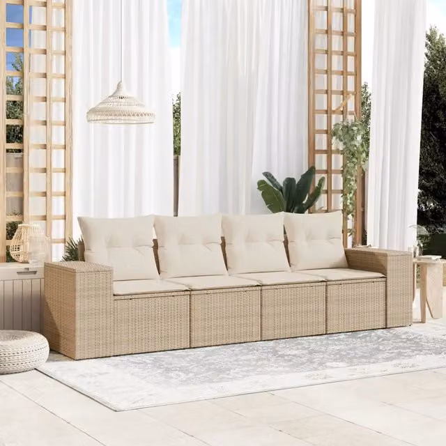 Set Divano da Giardino 4 pz con Cuscini-Sofa da Giardino-Divanetto da esterno Beige in Polyrattan 367278