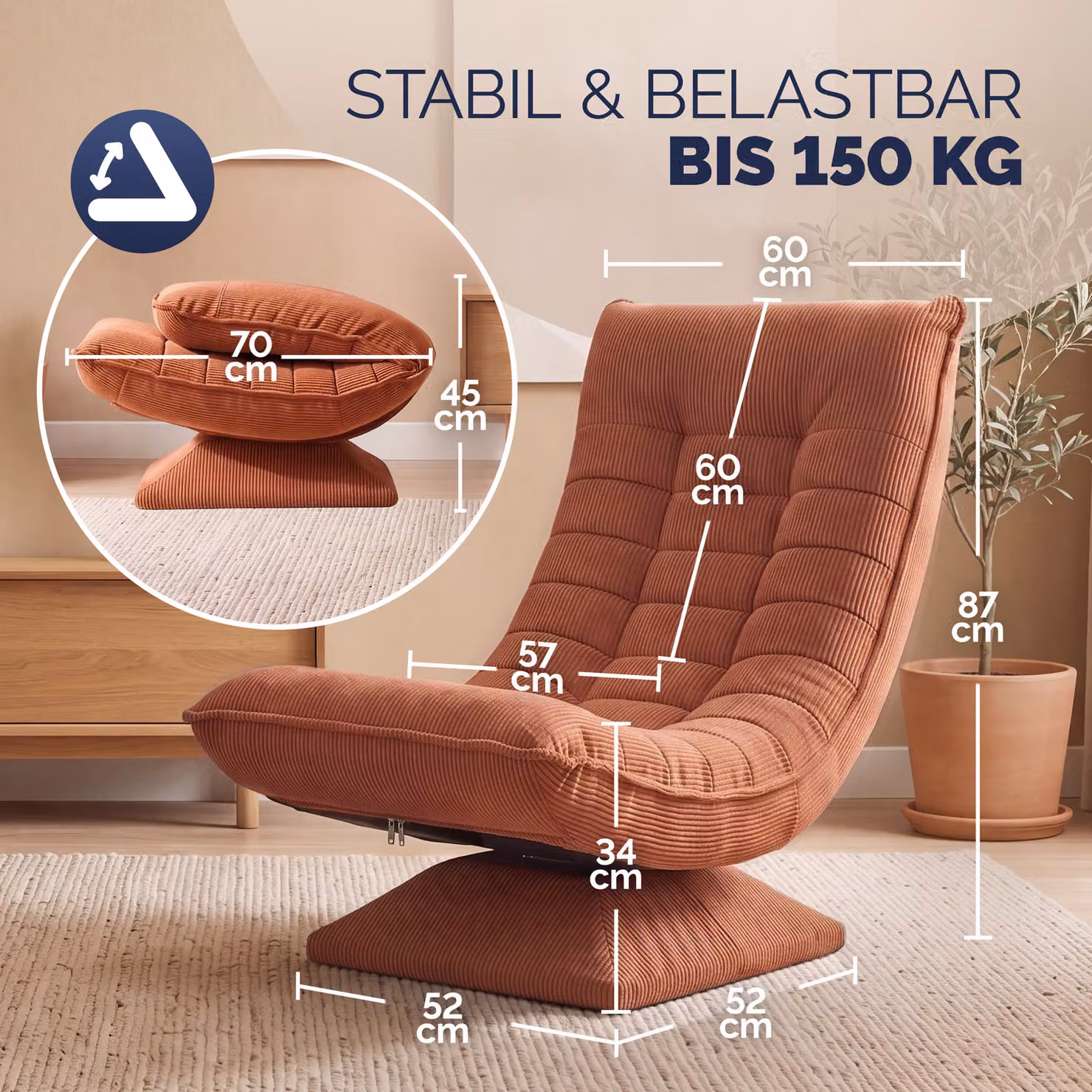 Poltrona relax girevole a 360° Casaria® Aberdeen in velluto a coste terracotta, regolabile in 5 posizioni e pieghevole – 3
