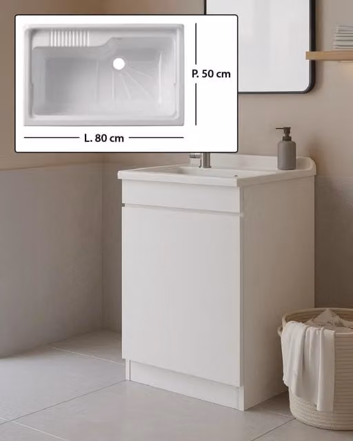 Mobile Lavatoio in legno Nobilitato Bianco con uno sportello e pilozzo lavabo in resina x lavanderia bagno Dimensioni (Larghezza x Profondità): L 80 x P 50 cm