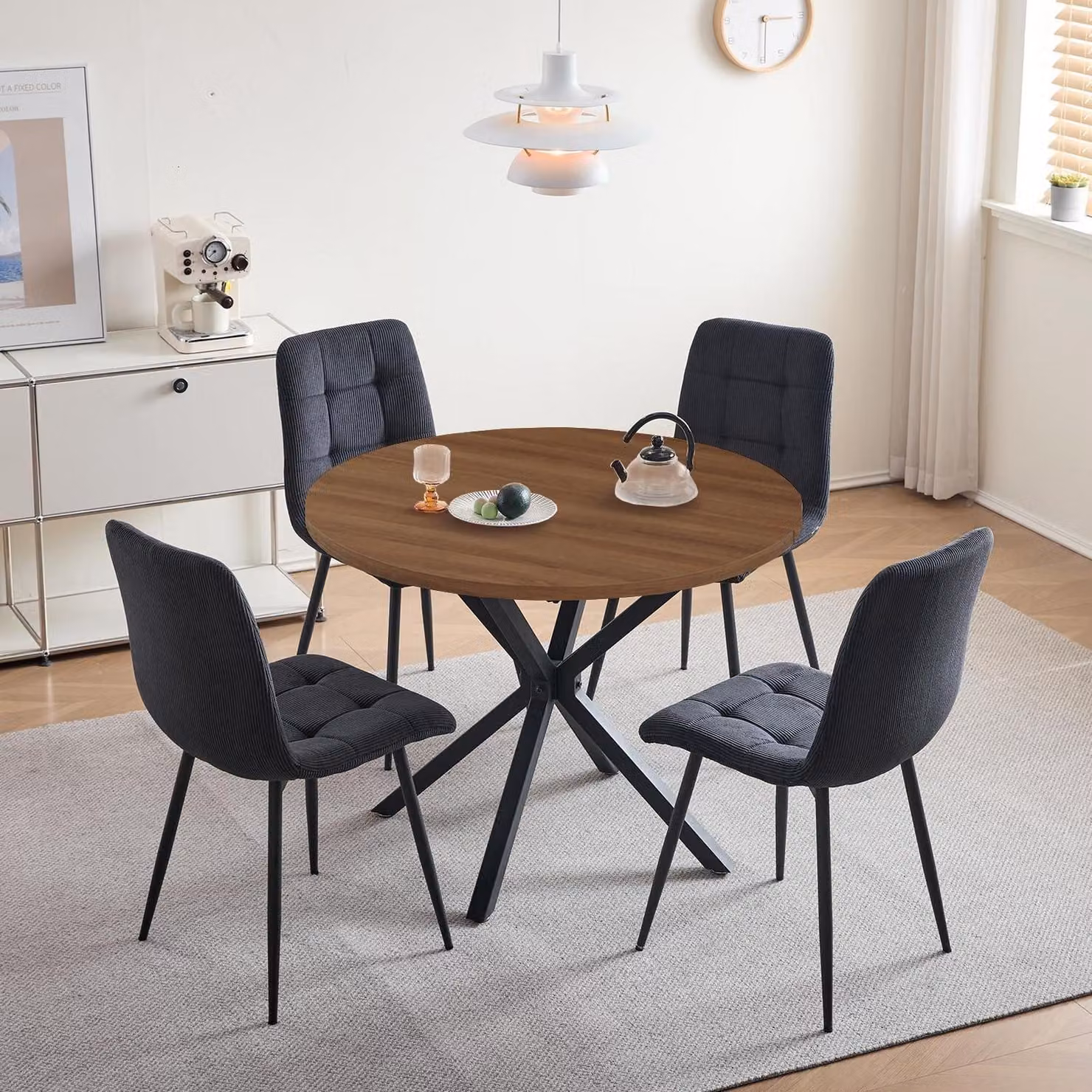 Set da pranzo 4 posti, colore grigio scuro, con tavolo rotondo da 100 cm e finitura in legno chiaro