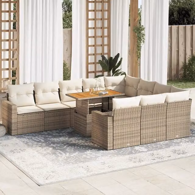 Set di divani da giardino vidaXL composto da 11 pezzi con cuscini beige in rattan e legno di acacia oliato