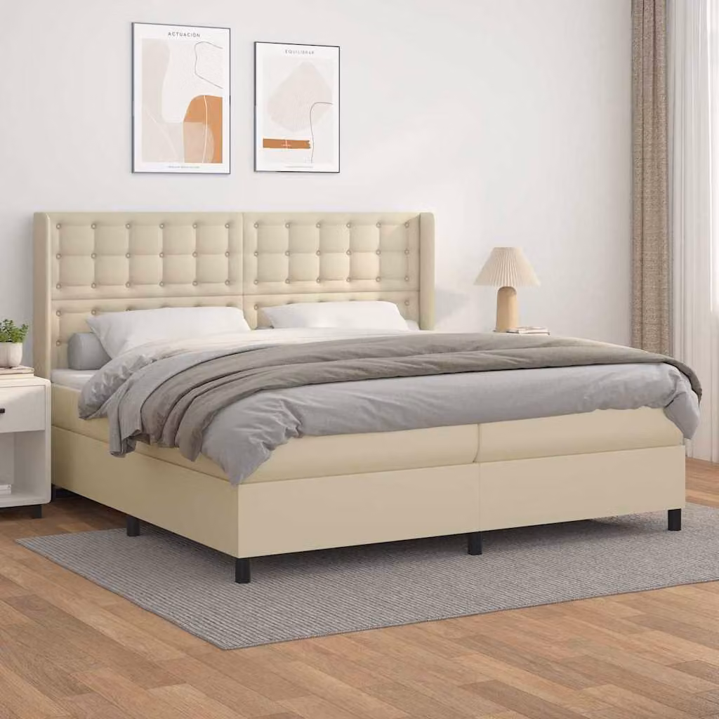 vidaXL Giroletto a Molle con Materasso Ibrido in Similpelle Beige e Bianco, L/P: 200 x 200 cm
