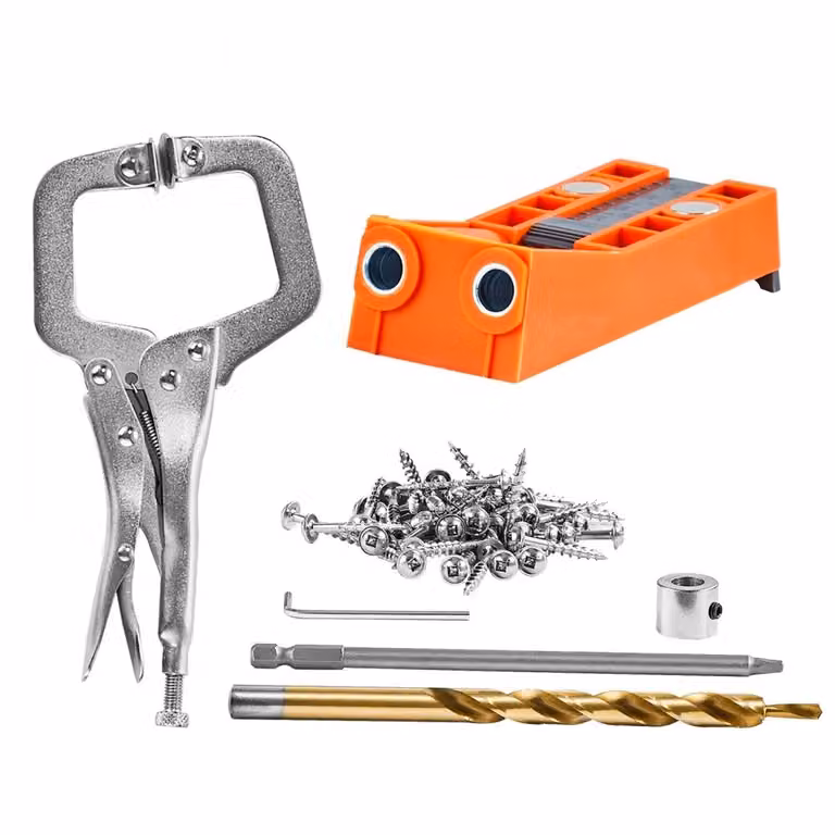 kit di dime per fori tascabili da 50 pezzi - Doppio foro tascabile con punta quadra e morsetti a C - Dima di foratura per tassellare - Foratura di fori tascabili e angolari - Ausilio per la foratura per la lavorazione del legno