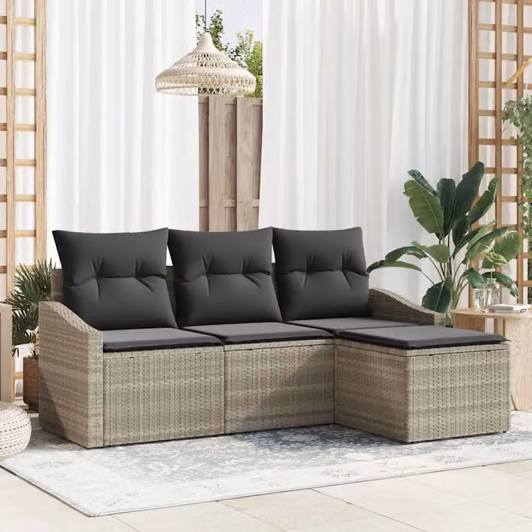 Set di divani da giardino vidaXL a forma di L con cuscini grigi in polyrattan e struttura in metallo