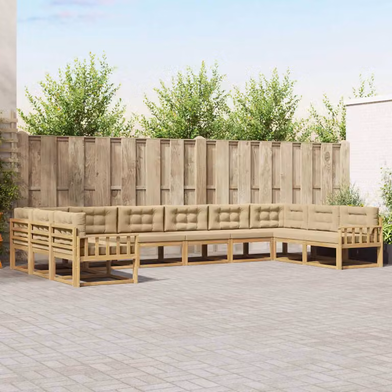 Set di divani da esterno vidaXL a forma di U in legno di acacia con cuscini, Bianco e Beige