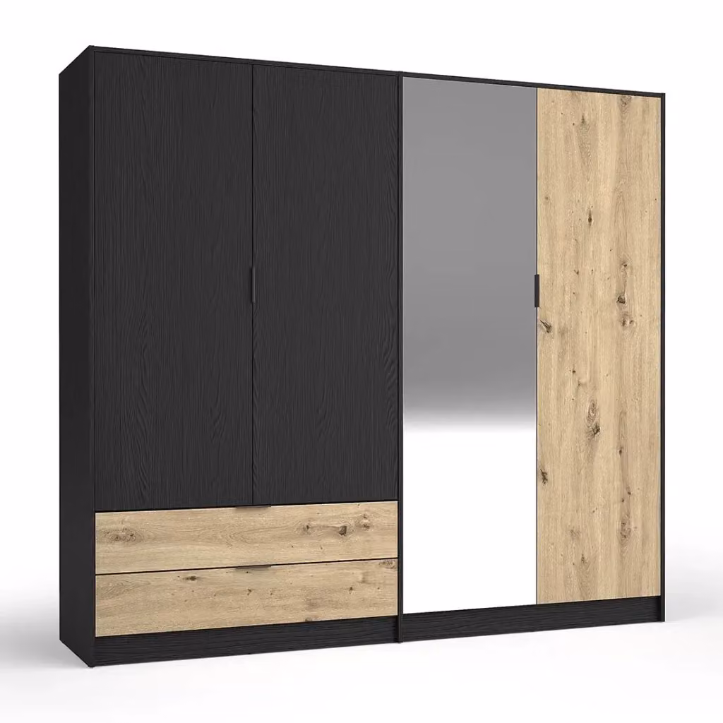 Set di Mobili Camera da Letto Moderna Meublorama MELODY in Legno Rovere con Armadio, Letto Contenitore 160x200 cm, Comodini e Cassettiera Colore Marrone e Nero – 2