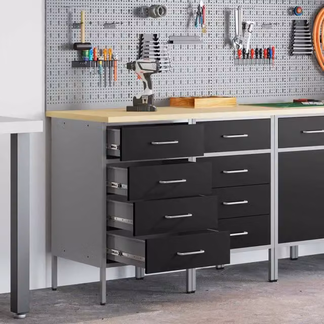 Set di 2 mobili da lavoro vidaXL in acciaio e legno, Nero e Grigio, L 100 x P 55 x H 85 cm