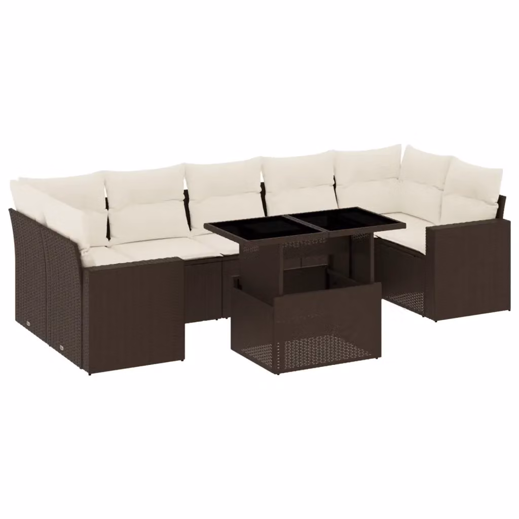 Set di divani da giardino vidaXL in polyrattan marrone con cuscini bianchi e tavolino da esterno 8 pezzi – 2