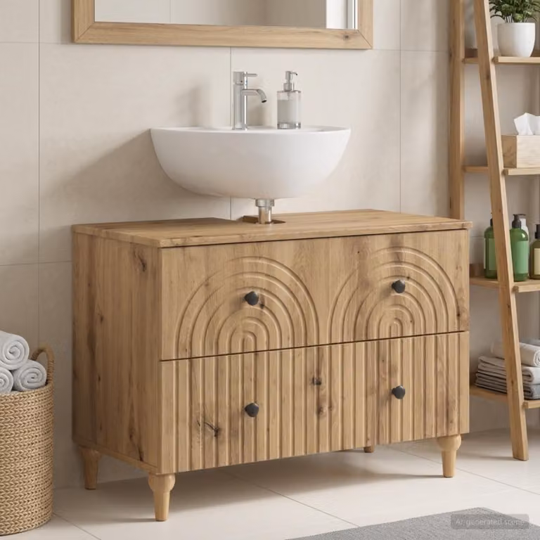 Armadio per lavabo da bagno moderno vidaXL ALKMAAR in rovere e metallo, colore marrone e nero, L: 82.0 cm, P: 59.0 cm, H: 41.0 cm
