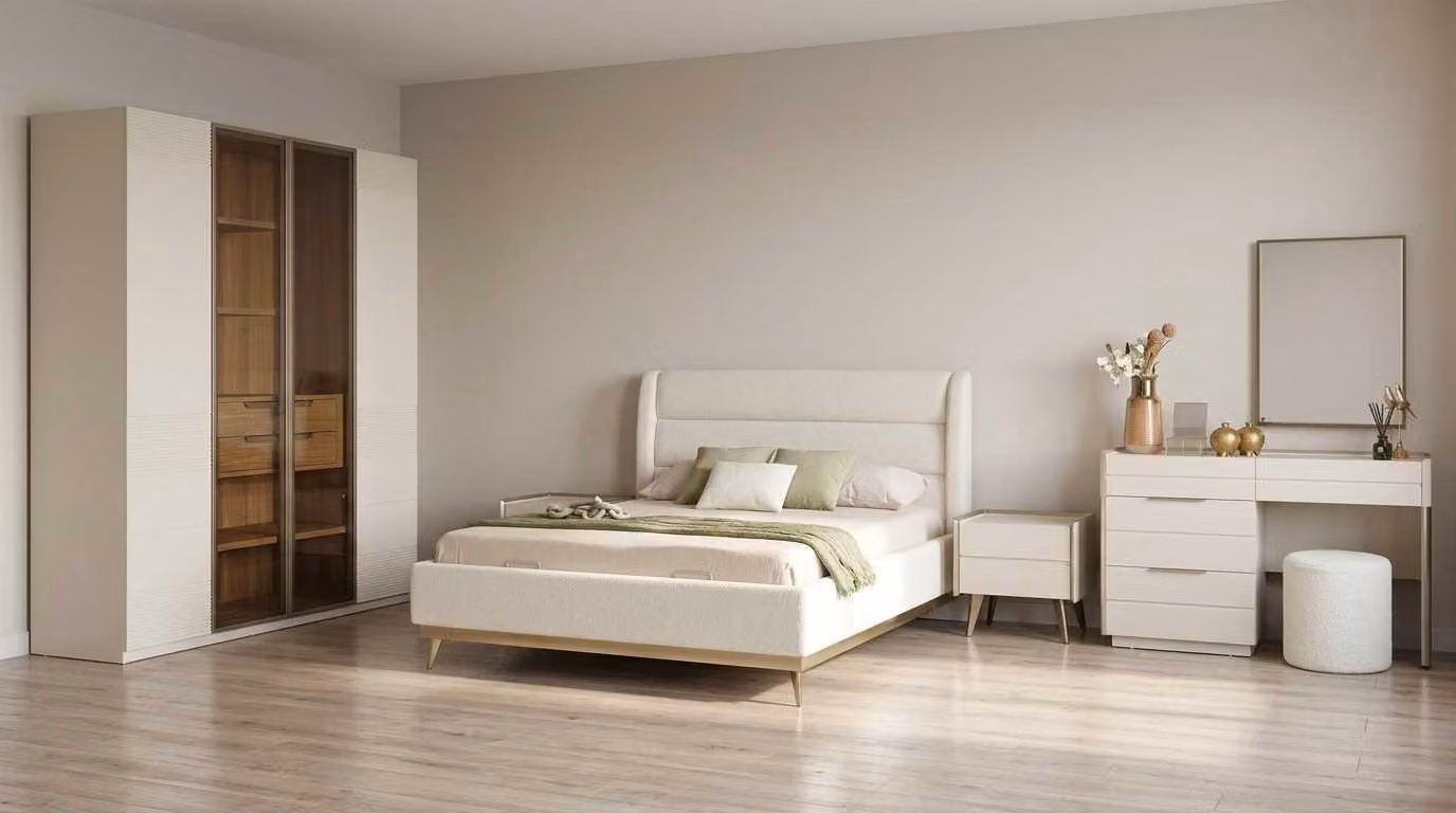 Set per camera da letto beige, moderno e composto da letto, comò da trucco e armadio