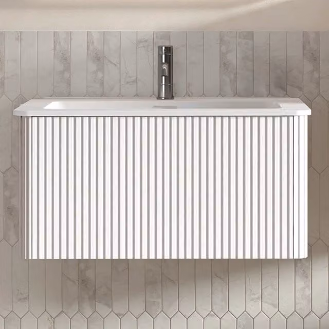 Mobile bagno sospeso 80 cm con lavabo in resina minerale; design scanalato bianco