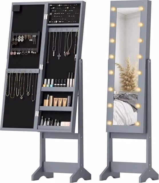 Armadio Specchio Minimal con Luci LED per Gioielli Grigio