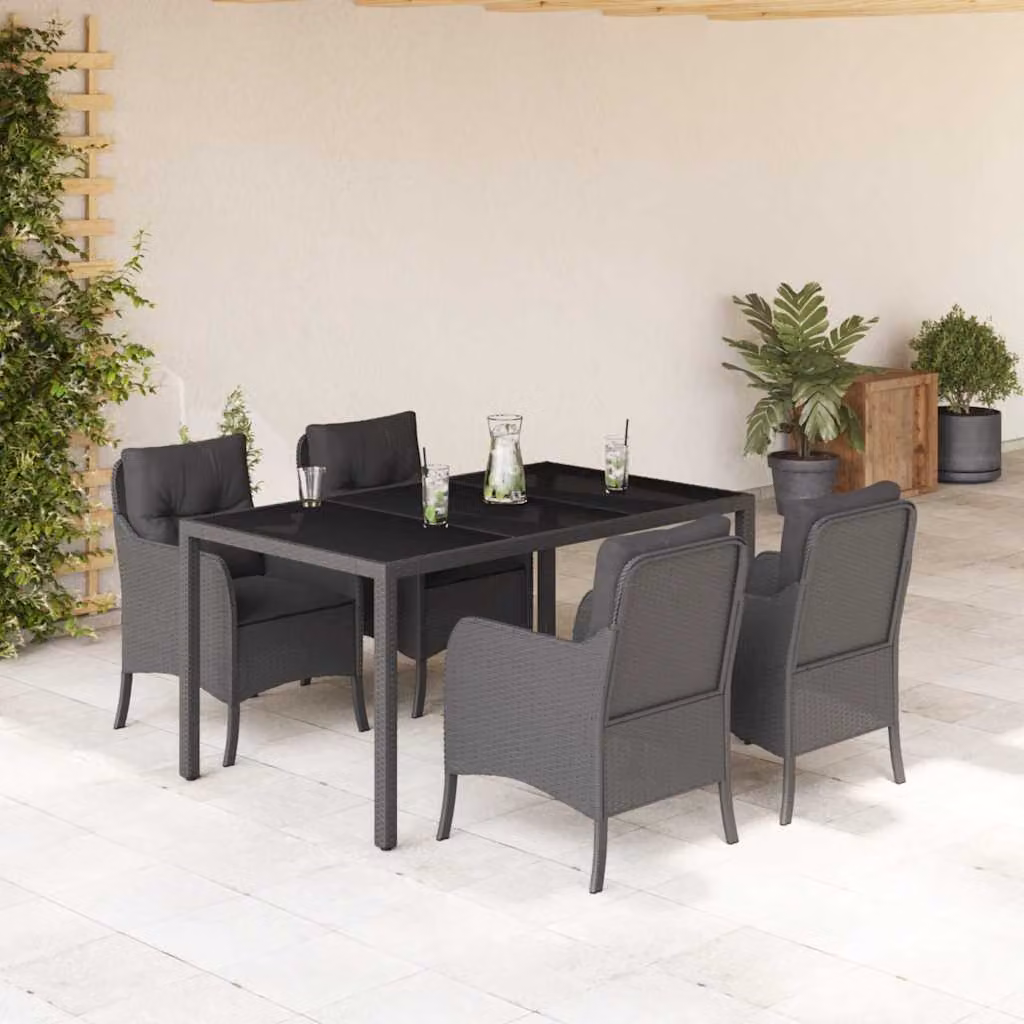 Set da Pranzo da Giardino vidaXL 5 pz in Polyrattan Nero con Piano in Vetro – 1