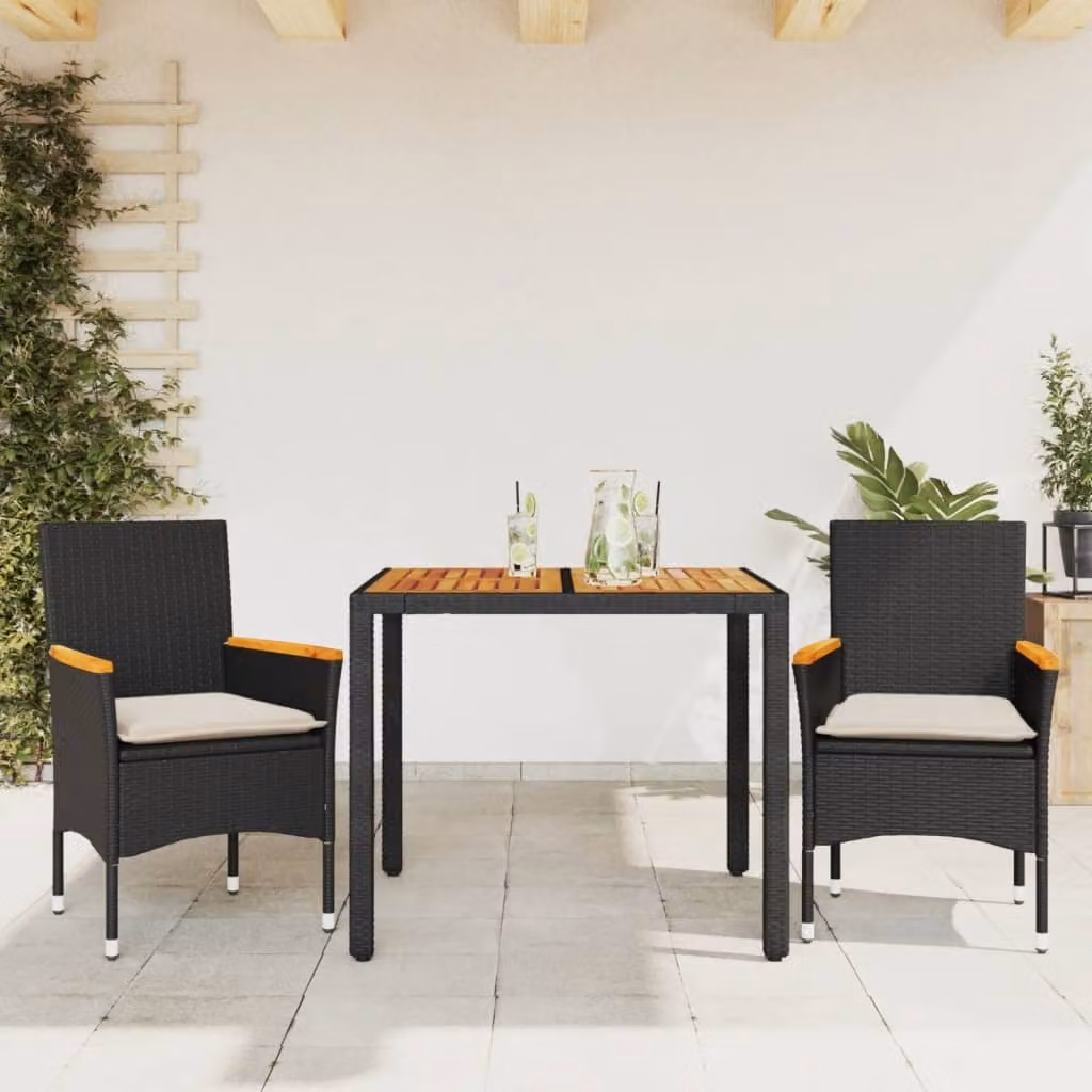 Set da pranzo da giardino vidaXL in polyrattan e legno di acacia nero con cuscini beige, 3 pezzi