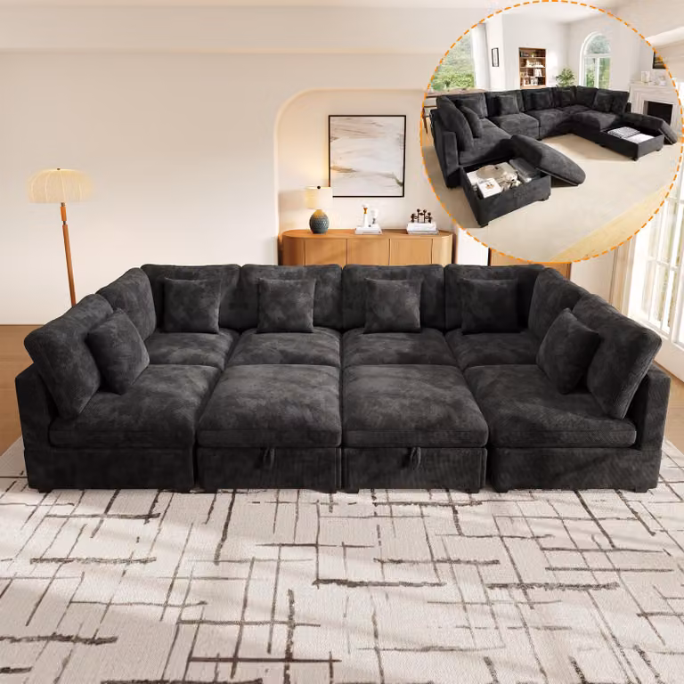 Divano angolare a forma di "U" Merax XXL, divano modulare da 8 posti con funzione letto, 2 poggiapiedi con spazio contenitore, 6 cuscini, tasche laterali, tessuto in chenille, colore grigio
