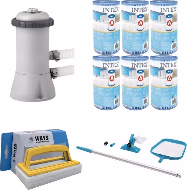 WAYS - Cura della piscina - Set di manutenzione & pompa filtro 2271 L/u & 6 filtri tipo A & spazzola WAYS