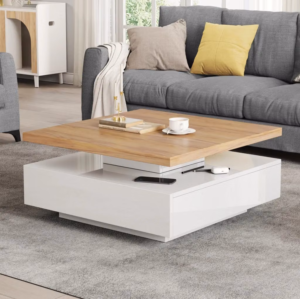 Tavolino da caffè quadrato MODFU con piano girevole 360 e cassetto, finitura noce e bianco lucido, L/P/H: 70 x 70 x 36 cm – 2