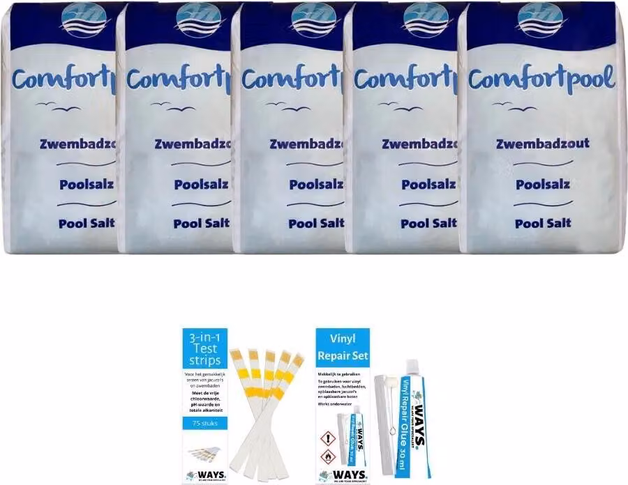 Confezione economica -per piscine - 100 kg (5 x 20) & kit di riparazione WAYS e strisce reattive