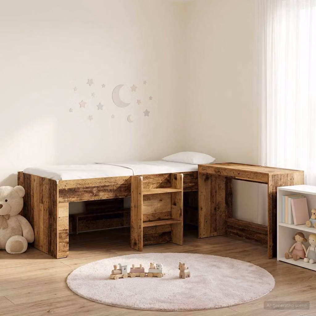 vidaXL Letto Singolo Rialzato con Scrivania e Scale in Legno Marrone L: 203 cm, P: 120 cm, H: 111 cm