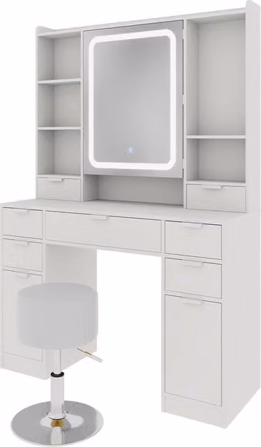 Tavolo da toilette Solea Bianco 105 cm con specchio LED e sgabello Vicco
