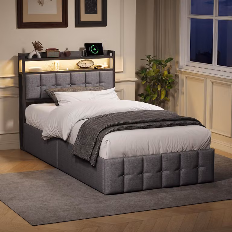 UnboxG Letto singolo idraulico 90×200 cm grigio, letto imbottito in lino con contenitore, testiera LED con USB e Type-C, lettino per bambini