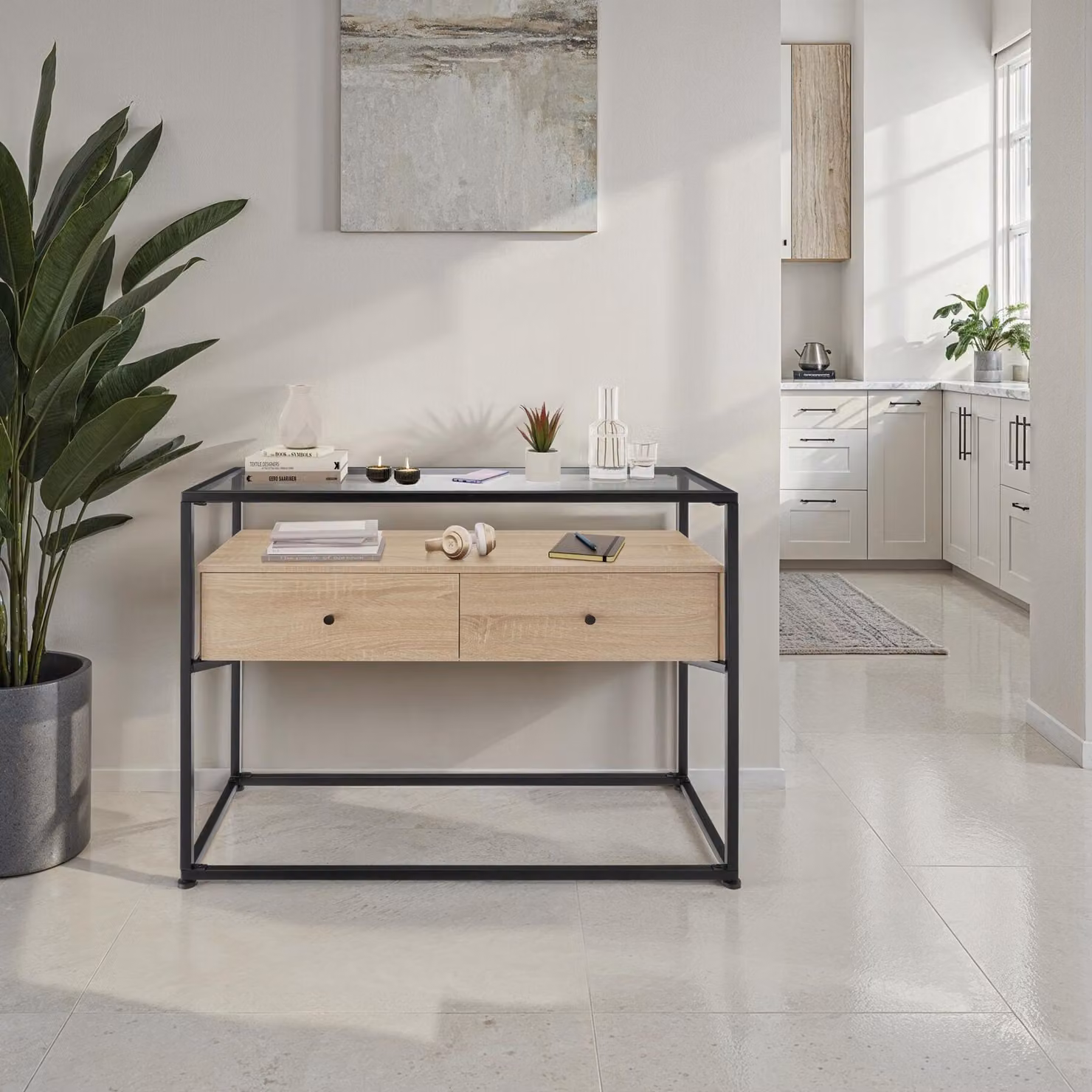 Tavolo console Reading tectake in stile industriale con piano in vetro e finitura rovere, L: 101,5 cm, P: 41,5 cm, H: 80,5 cm – 2