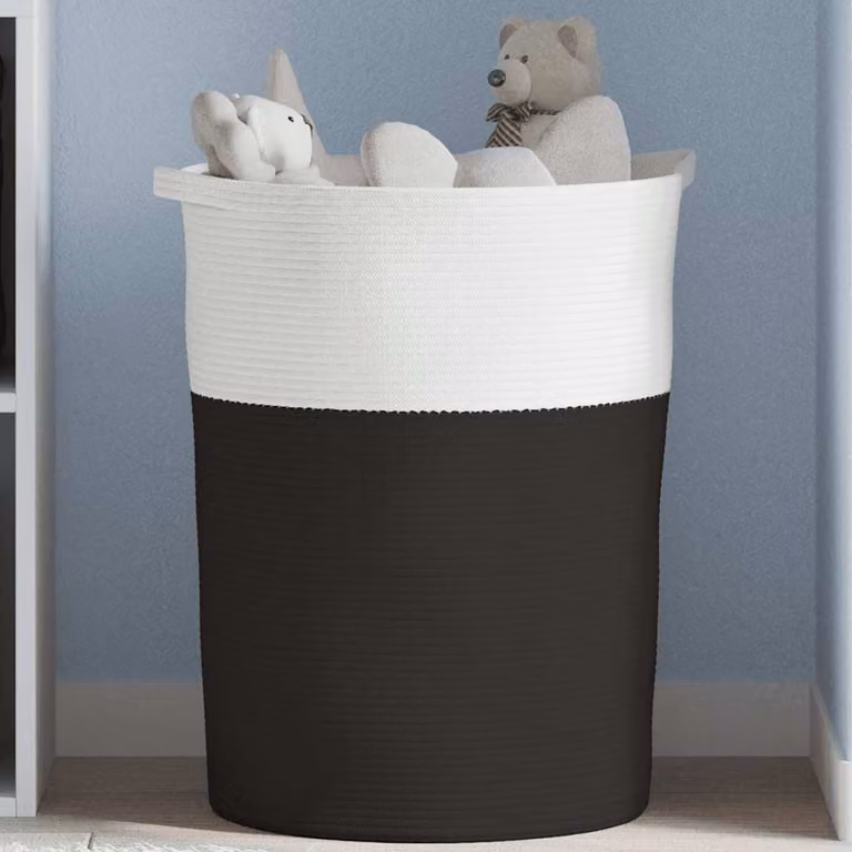 Cestino portaoggetti vidaXL in cotone multicolore nero e bianco con maniglie, Ø 49 cm x H 65 cm