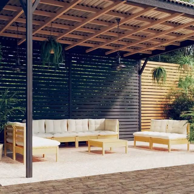 Set Divani da Giardino 9 pz con Cuscini Crema Massello di Pino 3096238