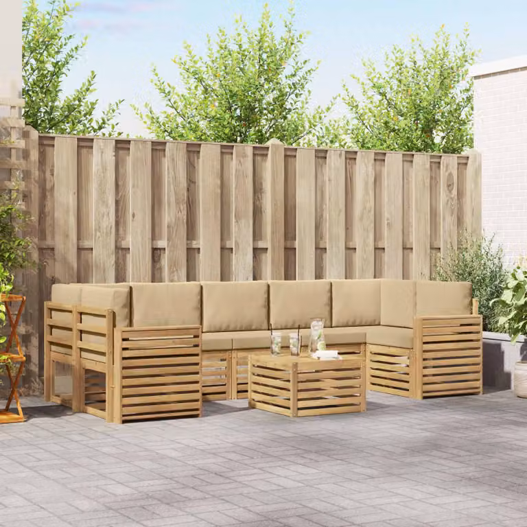 Set di divani da esterno vidaXL 8 pz in legno di acacia con tavolo da caffè, colore bianco e beige, con cuscini inclusi e tessuto in poliestere resistente ai raggi UV