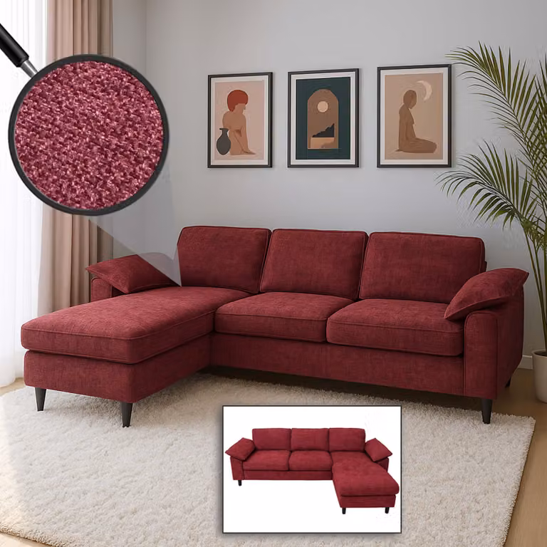 Set di divani HWC-O71, divano angolare a L, superficie reclinabile a sinistra/destra, tessuto (320 g/m²) legno 84x229x140cm ~ bordeaux