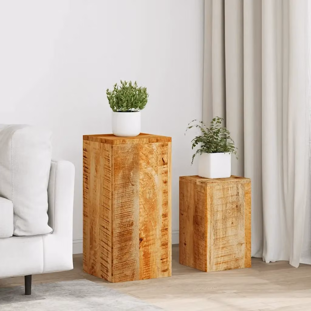 Set di 2 supporti per piante in legno massello di mango color marrone stile rustico H: 59 cm, L: 28 cm, P: 28 cm – 2