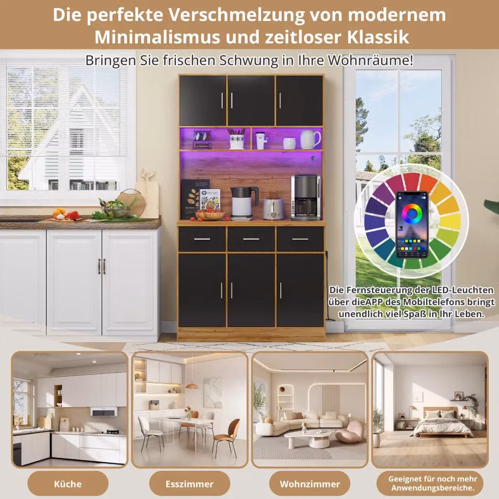 Buffet REDOM moderno con illuminazione LED integrata e app, colore naturale e nero, L/P/H: 100 x 40 x 180 cm – 2