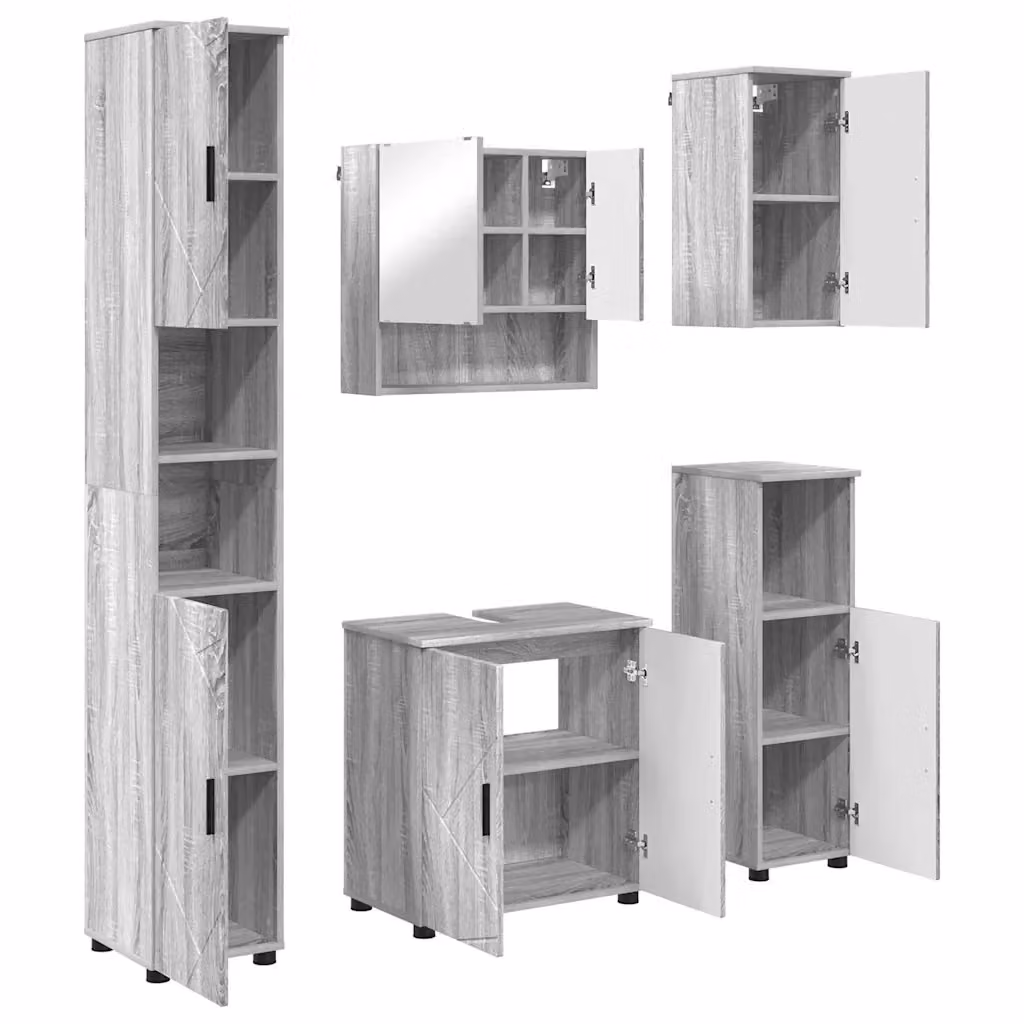 Set di mobili per il bagno moderno vidaXL composto da 5 pezzi in grigio e nero, con mobile lavabo, armadietto con specchio e colonna, L/P/H: 61 x 35 x 64 cm – 2