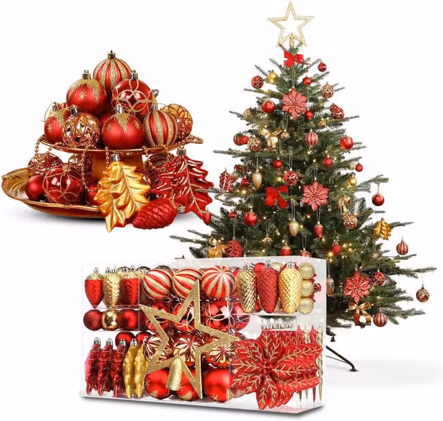 Set di Addobbi Natalizi Saint Joy da 106 Pezzi con Stelle e Fiori Glitterati in Rosso, Oro e Multicolore