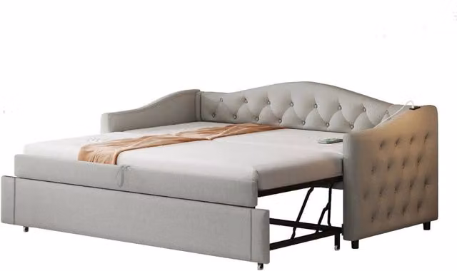 Divano letto 90x200 cm grigio in lino con USB， rete a doghe， senza materasso