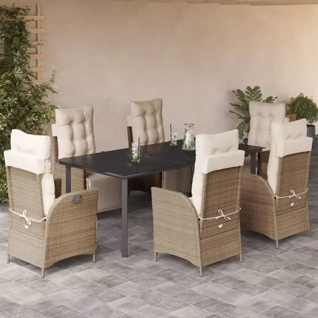 Set da pranzo da giardino vidaXL in polyrattan con tavolo in vetro e 7 pezzi con cuscini beige – 1