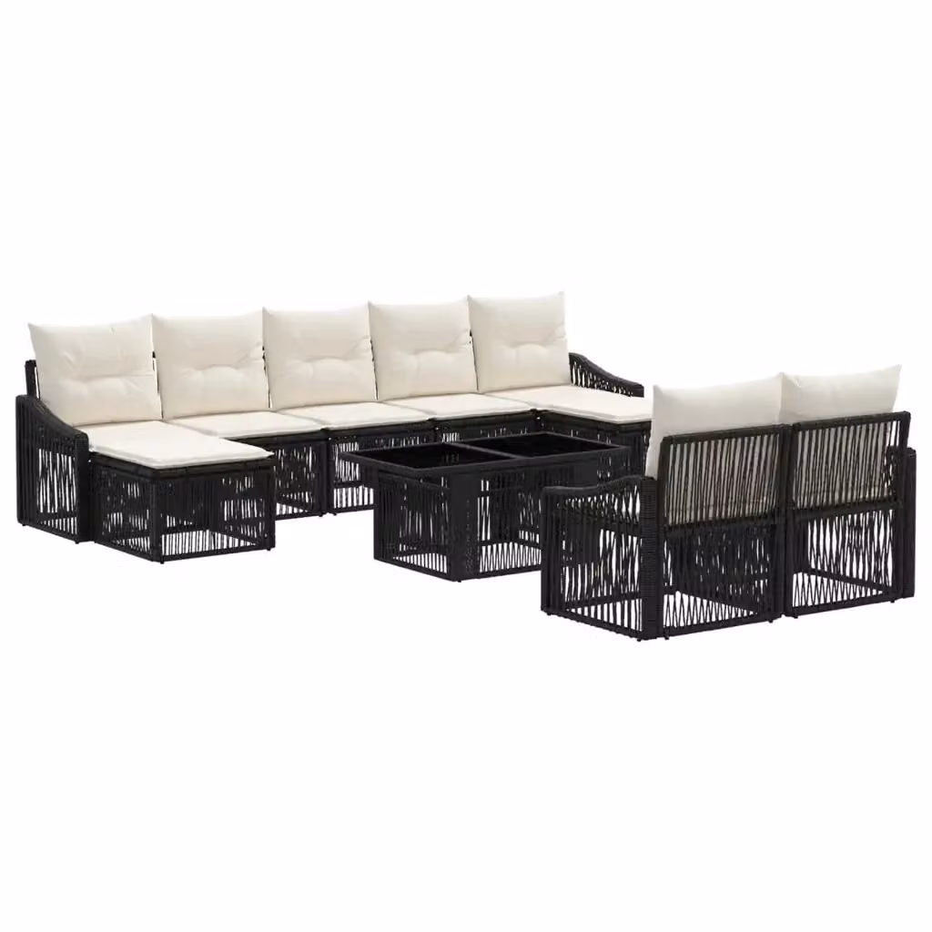 Set Divano da Giardino vidaXL 10 Pezzi in Polyrattan Nero, Bianco e Beige con Cuscini e Tavolino in Vetro – 2