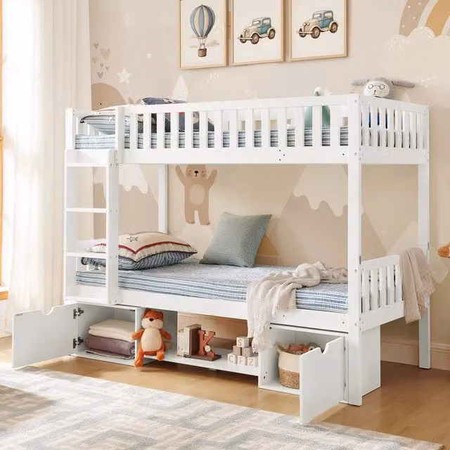 Letto a castello 90x200 cm trasformabile in 2 letti singoli con scala e contenitori in legno bianco
