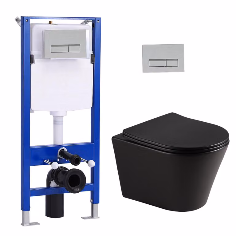 Set di elementi da incasso per WC + WC sospeso senza bordo nero opaco + cassetta da incasso da 114 cm con piastra di spinta rettangolare cromata HOROW